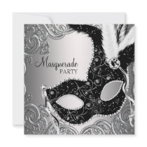 Silver Black Mask Masquerade Party Personalised Invitations