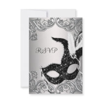 Silver Black Mask Masquerade Party RSVP Invitation