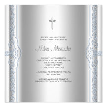 Silver Blue Baby Boy Christening Announcements