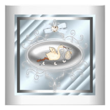 Silver Blue Stork Baby Boy Shower Invitations
