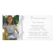 Silver Damask Pearls First Communion Photo Invite Personalised Photo Card