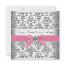 Silver Damask Pink Sweet Sixteen Birthday Party Personalised Invites