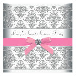Silver Damask Pink Sweet Sixteen Birthday Party Personalised Invites