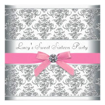 Silver Damask Pink Sweet Sixteen Birthday Party Personalised Invites