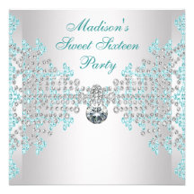 Silver Diamonds Teal Blue Sweet 16 Birthday Party Personalized Announcements