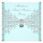 Silver Diamonds Teal Blue Sweet 16 Birthday Party Custom Announcements