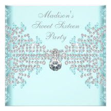Silver Diamonds Teal Blue Sweet 16 Birthday Party Custom Announcements