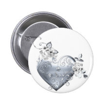 Silver Filigree Heart & White Roses Pinback Buttons