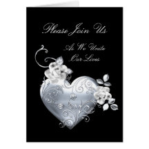 Silver Filigree Heart & White Roses Greeting Card
