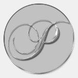 Silver Formal Wedding Monogram P Seal Round Stickers