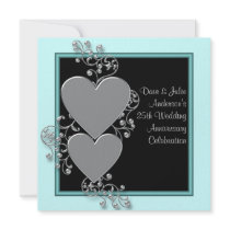 Silver Hearts Teal Silver 25th Anniversary Party Invites