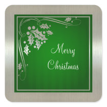 Silver Holly and Swirls on Green Xmas Stickers