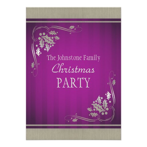 Silver Holly and Swirls on Purple 2 Xmas Party Personalized Invites