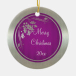 Silver Holly and Swirls on Purple Xmas Ornament