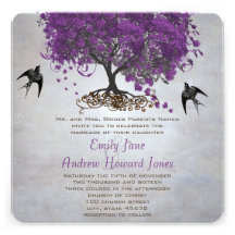 Silver Lights Purple Heart Leaf Tree Wedding Announcements