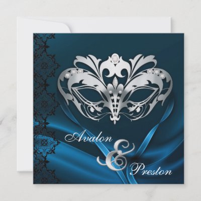 Silver Masquerade Blue Jewelled Wedding Invitation by theedgeweddings