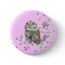 Silver Owl with Butterflies Button
