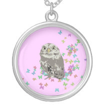 Silver Owl with Butterflies Necklace
