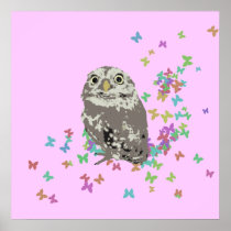 Silver Owl with Butterflies Poster