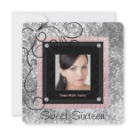 Silver Pink Black Damask Photo Sweet 16 Party invitations