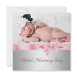 Silver Pink Damask Bow Girl Photo Christening Personalized Invite