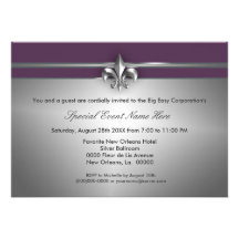 Silver Purple Fleur de Lis Event Personalized Invites