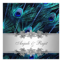Silver Royal Blue Peacock Wedding Personalised Invitations