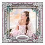Silver Teal Blue Pink Photo Quinceanera Personalized Announcement