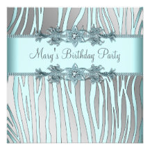 Silver Teal Blue Zebra Womans Birthday Party Custom Announcements
