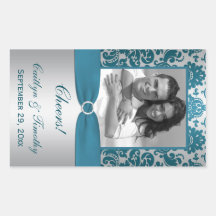 Silver.Teal Damask Photo Wine Label Sticker