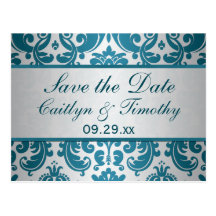 Silver, Teal Damask Save the Date Card Postcards