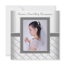 Silver White White Photo Girls 1st Communion Personalized Invites