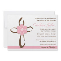 Simple Contemporary Cross with Pink Flower Custom Invite