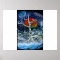 Single Dead Tree Foggy Night Orange Moon