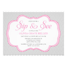 Sip and See Grey Chevron Pink Frame Invitations