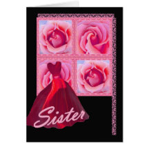 SISTER - Bridesmaid  - Red Gown, Pink Roses Greeting Cards