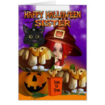 Sister Halloween witch cat pumpkin jack o lantern Greeting Cards