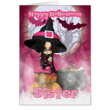 Sister Halloween with Girlie Witch in pinks Card