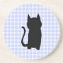 Sitting Black Cat Silhouette. On pale blue check. Coaster