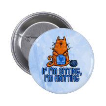 sitting knitting pinback button