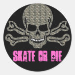 skate or die rock textured skull round sticker