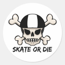 Skate or die skull and crossbones round sticker