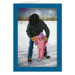 SKATING LESSONS: OIL PASTEL ART: SNOW: COWBOY CARD