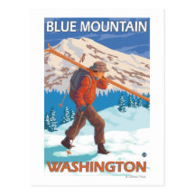 Skier Carrying Snow Skis - Blue Mountain, WA Postcard