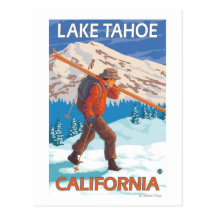Skier Carrying Snow Skis - Lake Tahoe, Californi Post Card