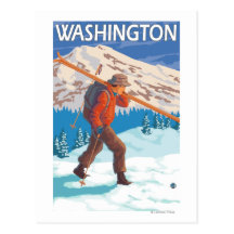 Skier Carrying Snow Skis - Washington Postcard
