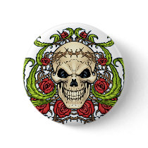 Skull and Roses with Crown Of Thorns by Al Rio Pinback Buttons