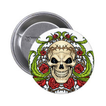 Skull and Roses with Crown Of Thorns by Al Rio Pinback Buttons