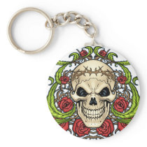 Skull and Roses with Crown Of Thorns by Al Rio Key Chain