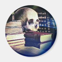 Skull and spell book on gifts, clothing, and cards fridge magnet